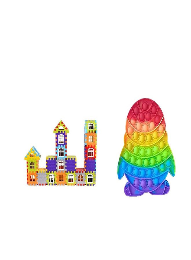 Mahi Enterprise 72-Piece House Building Block Set with Windows - Construction Game for Kids (Multicolor) & Penguin Pop It Fidget Toy - Push Bubble Sensory Toy in Penguin Shape (Multicolor) - Image 1